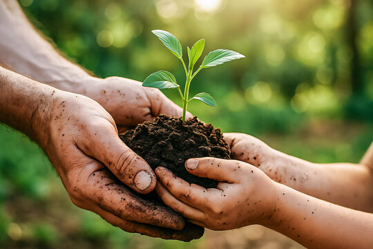Protecting Our Planet:  Adult and Child Hands Gently Holding a Young Sprout - Powered by Adobe