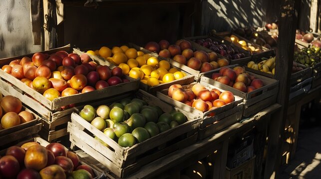 Wooden crates filled with fresh red apples green apples oranges and peaches at market - Powered by Adobe