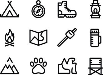 Outdoor adventure icons set featuring camping and hiking gear