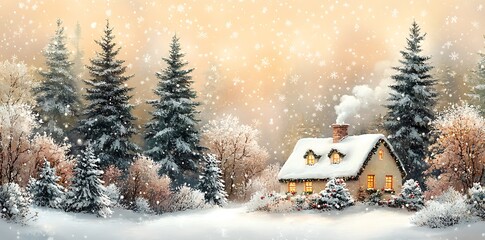 Naklejka premium Cozy snow covered cottage in winter forest trees