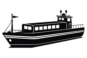 Silhouette of a classic passenger boat with cabin windows sailing, designed in black and white