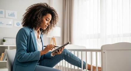 A successful biracial female entrepreneur, around 35 years old, with elegant curly hair, is multitasking by reviewing financial reports on a tablet while gently rocking her baby's crib.