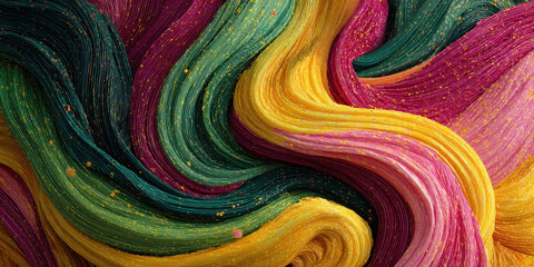 Swirling strands of vibrant yarn with golden speckles colorful