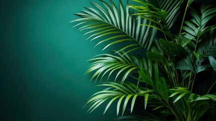 Fototapeta premium Lush tropical plants against a deep teal backdrop
