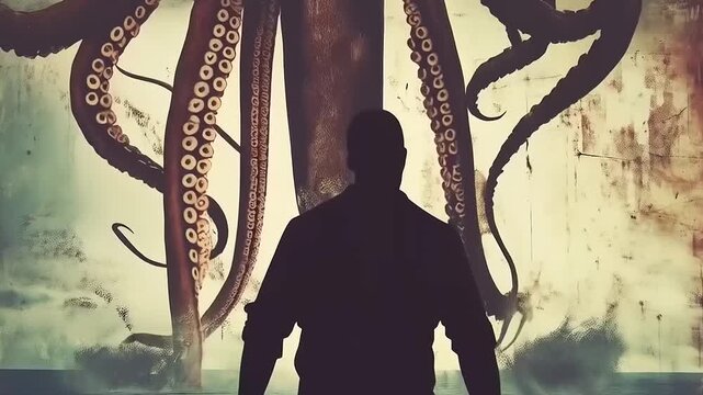 Confrontation at the Shoreline: Human Silhouette vs. Gigantic Octopus in Vintage Style