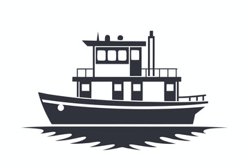 Obraz premium A dark silhouette shows a tugboat peacefully floating on the water surface beautifully