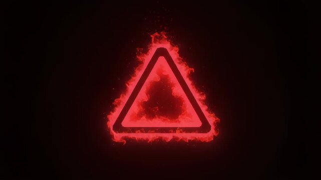 Animated fire triangle icon sequence against a black background representing danger alert risk