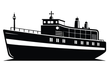 Obraz premium Ferry boat sails along in monochrome, its side detailed with windows and railings
