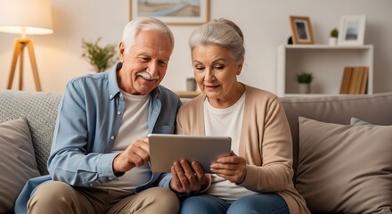 Happy Senior Couple Enjoying Digital Tablet Together at Home, Connecting Through Technology
