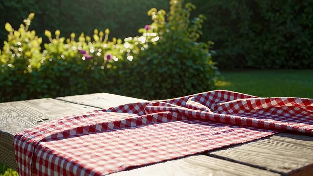 Red gingham cloth flutters patio table morning garden awakens cozy K slow motion loop enhances picnic ads farmhouse cooking videos summer nostalgia