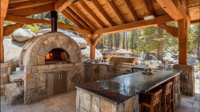 Rustic Outdoor Kitchen with Stone Pizza Oven and Granite Countertops