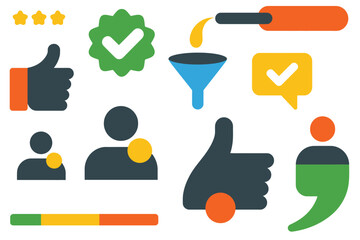 Flat Vector Icons for User Reviews and Ratings, Includes Stars, Comments, Reviewer Avatars, Sorting Filters, Verified Badges, and Satisfaction Symbols