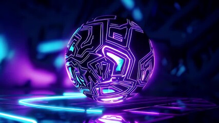 Glossy neon violet techno sphere bristles rotating circuit filigree hovering negative space seamless video K loop provides hypnotic centrepiece EDM stages sci fi idents engineering themed - Powered by Adobe