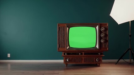 Classic mid century television aqua casing chrome dials powers to vivid green screen ready keyed footage crisp K static adds retro charm to media collages brand retrospectives vintage video