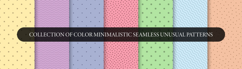 Collection of vector seamless minimalistic patterns. Bright colorful repeatable backgrounds. Modern stylish unusual prints