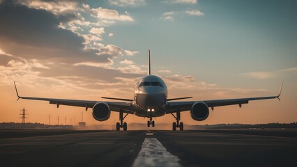 Obraz premium Airplane on Runway, Sunset Sky
