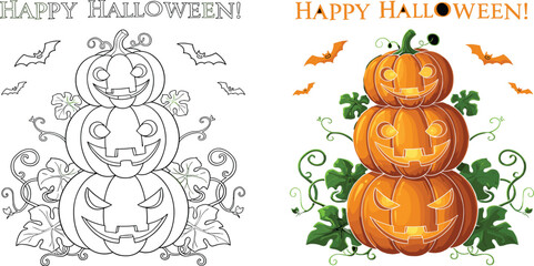 Halloween pumpkin stack illustration, spooky bats, swirling vines, festive holiday decor, Happy Halloween text, autumn theme, vector artwork, cad drawing flat vector illustration