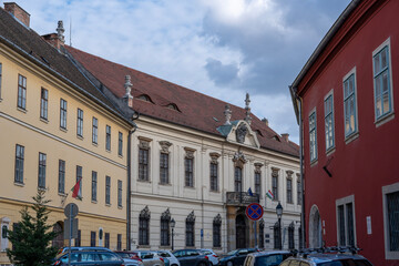 Obraz premium Old multicolor houses along the street in Buda Castle District, Budapest, Hungary