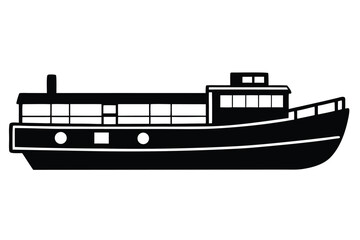 Obraz premium Side view of a simple black vessel silhouette showing cabin windows and upper deck rail