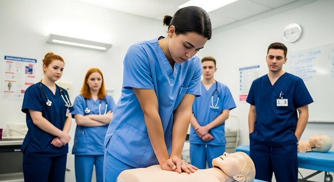 Medical Professionals Practicing CPR on a Dummy, Ensuring Preparedness for Cardiac Emergencies