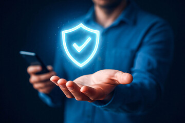 Man Holding Holographic Security Shield, Data Protection Concept
