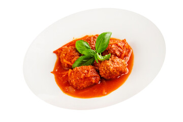 Meatballs tomato sauce beef, pork or chicken meat fresh delicious gourmet food background on the table rustic food top view copy space keto and paleo diet