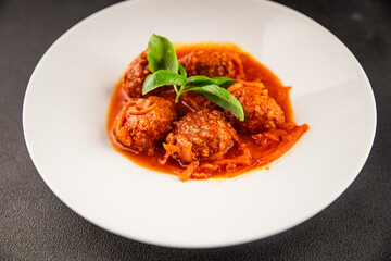 Meatballs tomato sauce beef, pork or chicken meat fresh delicious gourmet food background on the table rustic food top view copy space keto and paleo diet
