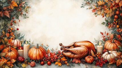 Thanksgiving table with roasted turkey and pumpkins in watercolor style Generative AI