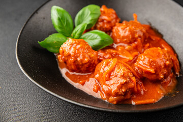 Meatballs tomato sauce beef, pork or chicken meat fresh delicious gourmet food background on the table rustic food top view copy space keto and paleo diet