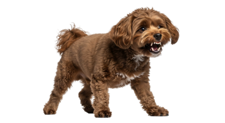 Brown maltipoo dog showing teeth while growling in an isolated setting emphasizing its aggressive demeanor
