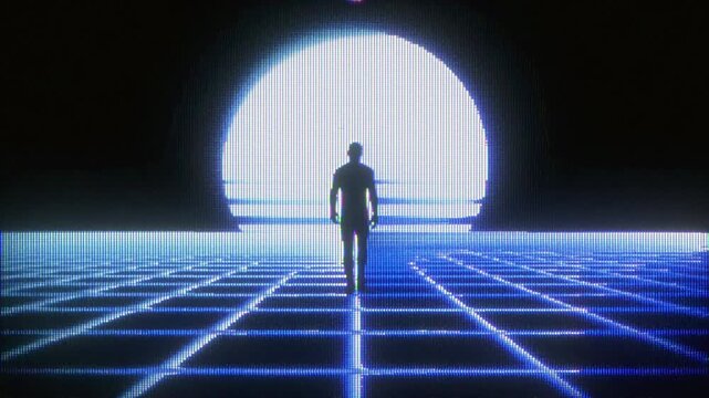 4K Cyber grid silhouette walking toward glowing circle, CRT scanlines and pixel distortion overlay, screen mode, motion graphics, retro futurism glitch pack