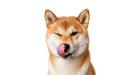 Shiba inu dog playfully licks its nose with one eye closed and the other open in an adorable moment captured against a transparent background