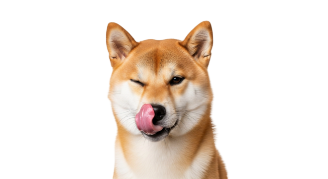 Shiba inu dog playfully licks its nose with one eye closed and the other open in an adorable moment captured against a transparent background - Powered by Adobe