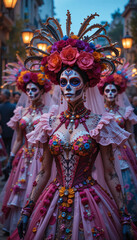 Obraz premium Elegant women in ornate Day of the Dead dresses with floral crowns and skull makeup parading in a vibrant celebration 
