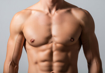 Fototapeta premium Muscular torso with visible abs pecs biceps fair skin tone gray backdrop