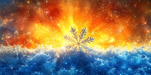 Golden sky snowflake over blue icy landscape orange