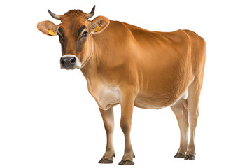 A light brown cow stands against a black background.