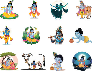 Lord Krishna And Radha Vector Collection, Playing Flute, Dancing, with Cows And Childhood Scenes, Hindu Mythology And Indian Culture