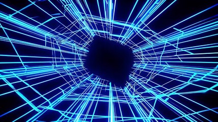 A 4K animation futuristic neon lit tunnel made blue glowing squares moving forward seamless video motion perfect cyber themed visuals sci fi travel gaming related technology - Powered by Adobe