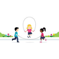Two children turn a jump rope for a girl joyfully jumping in a park.