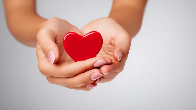 Dłonie trzymające czerwone serce na jasnym tle &ndash; symbol wsparcia, miłości i zaufania