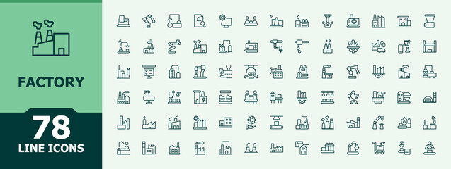 Factory icon set. Industry linear icon set. Minimal icons collection. Contains such icons as warehouse, manufacturing, machine, industrial and more. Editable vector stroke.