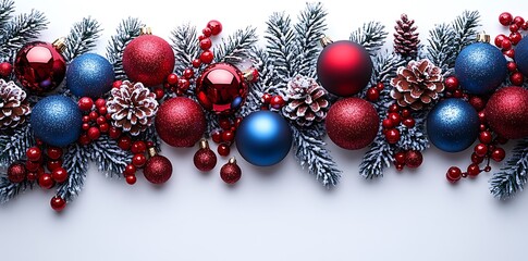 Red blue baubles pinecones frosted fir branches festive decoration christmas ornaments