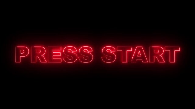 glowing neon press start text icon animation on a black background. motion graphics video.