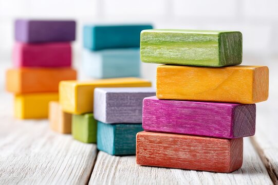 Bunte Holzbausteine, lebendige Kinderspielzeuge auf hellem Hintergrund