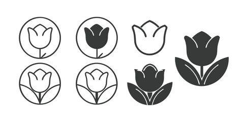 Collection of Tulip Flower Icon Variations in Black and White on transparent background This image
