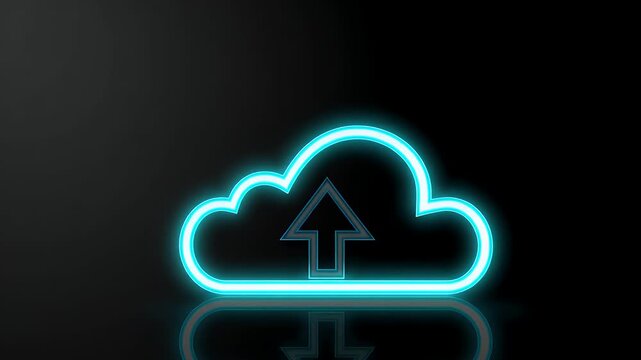 Simplify cloud storage messaging through sharp 4K neon animation upload arrow glowing within luminous cloud black perfect tech introductions SaaS explainers data backup