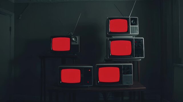 Supply retro collage potential crisp 4K stack vintage video televisions turning replaceable red screens offering easy keying creative montage media tory pieces edgy art