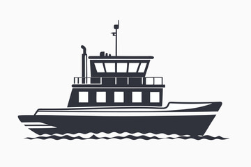 Obraz premium Side view shows a dark silhouette of a tug boat on waves, isolated