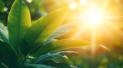 Sunlit Banana Leaves: A Tropical Radiance with Golden Flare and
